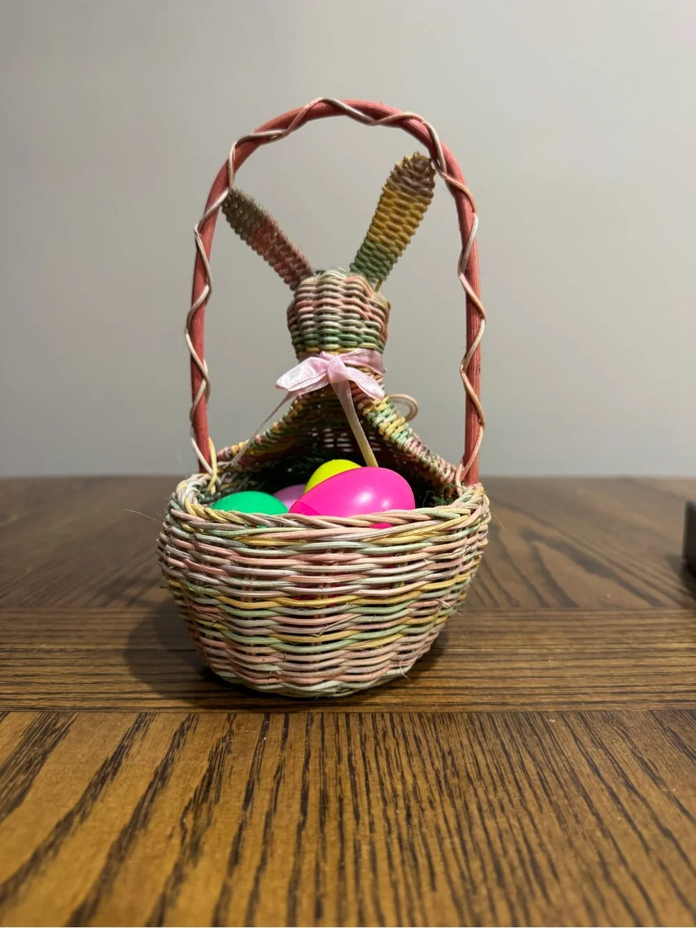 Woven Pastel Bunny Basket with pink, green, yellow & lavender eggs Easter decor